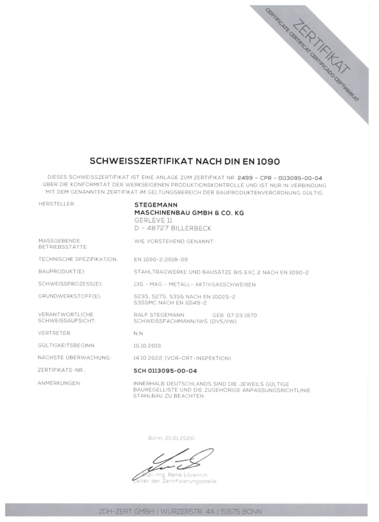 Qualifizierter Schweißfachbetrieb nach DIN EN ISO 1090-2 Stegemann Maschinenbau Billerbeck